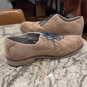 Johnston & Murphy Tan Suede Oxfords with Blue Laces
